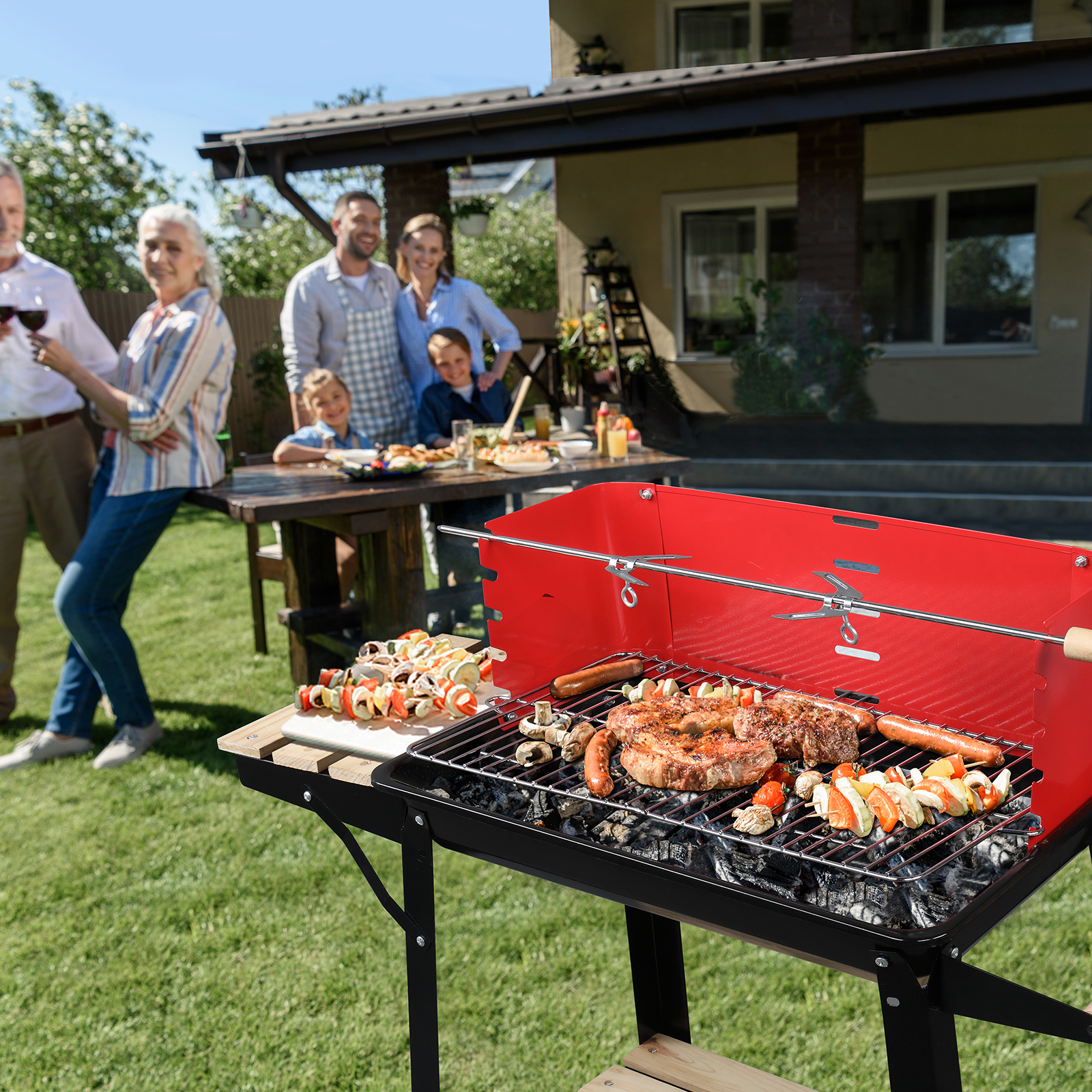 Enamel Charcoal Oven with Wheels, 85*42*86cm, Black/Red, Portable and Easy-to-Move, Perfect for Outdoor BBQ Parties.
