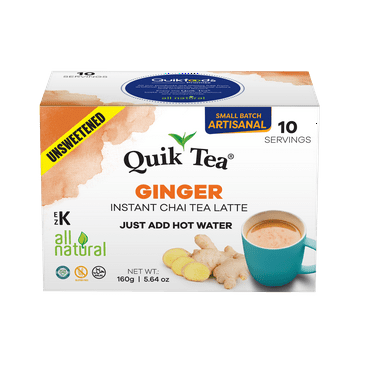 QuikTea Unsweetened Ginger Chai Tea Latte - 10 Count Single Box - All Natural & Preservative Free Single Serve Pouches of Authentic Instant Chai - Just add hot water