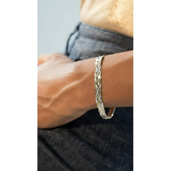 DASAW-Tri-Color 18K Gold Over 925 Sterling Silver Italian 6-Strand 7mm Braided Herringbone Chain Bracelet for Women, Made in Italy