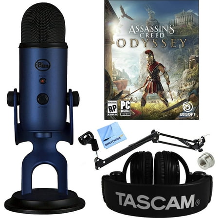 BLUE MICROPHONES Midnight Blue Yeti with Assassin's Creed Odyssey Digital PC Version Plus Tascam Closed Back Headphones and Microphone Boom Scissor Arm Stand (Best Sleeping Position For Bad Back)