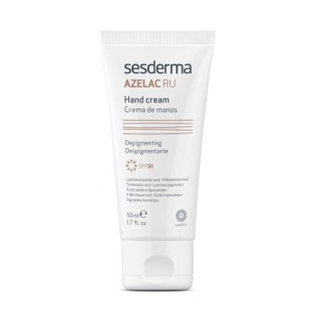 azelac ru crema de manos sesderma 40004531 Tubo frontal blanco de 50 ml con texto 'Azelac RU' y 'Hand cream / Crema de manos', leyenda 'Depigmenting' y sello SPF30; diseñado para hidratar, regenerar y ayudar a reducir manchas y unificar el tono en pieles envejecidas; tamaño compacto adecuado para bolso o viaje.