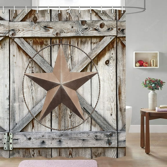 Western Texas Star Shower Curtain, Rustic Barn Wooden Board Shower Curtain Vintage Farmhouse Country Bathroom Decor, Western Texas Star Bathroom Shower Curtain Bathroom Decor with Hooks, 70Inch