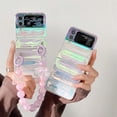 thumbnail image 3 of Clear Color Phone Case for Samsung Galaxy Z Flip 3 Pink Strap, Fashion Wristband Case for Galaxy Z Flip 3 Laser Effect, Cute Girly Case for Samsung Z Flip 4 Beads Lanyard (Pink Strap), 3 of 15
