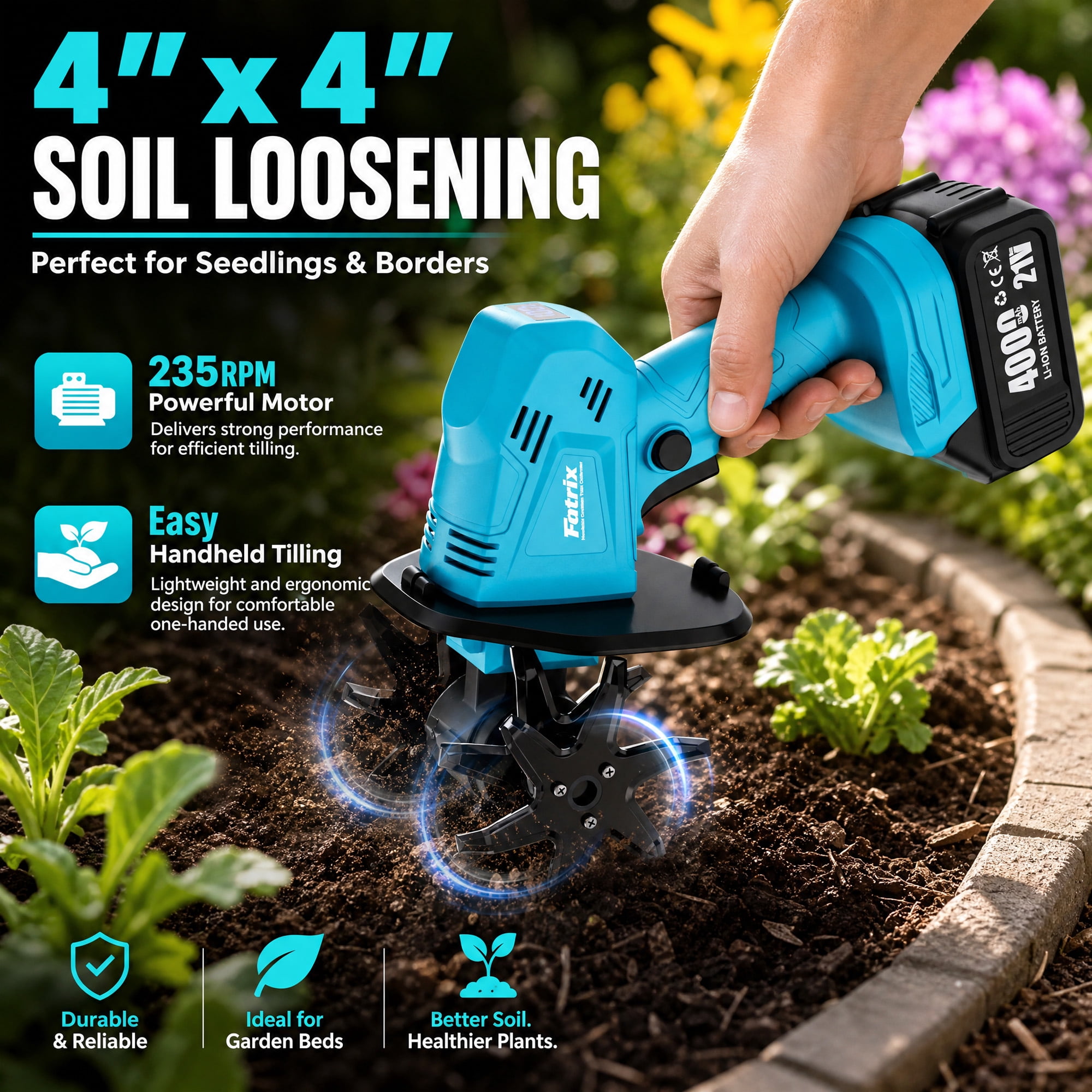 Cordless Garden Tiller Cultivator with 2 x 4.0Ah Batteries, Mini Handheld Electric Tiller for Soil Cultivation, Weeding & Raised Garden Beds