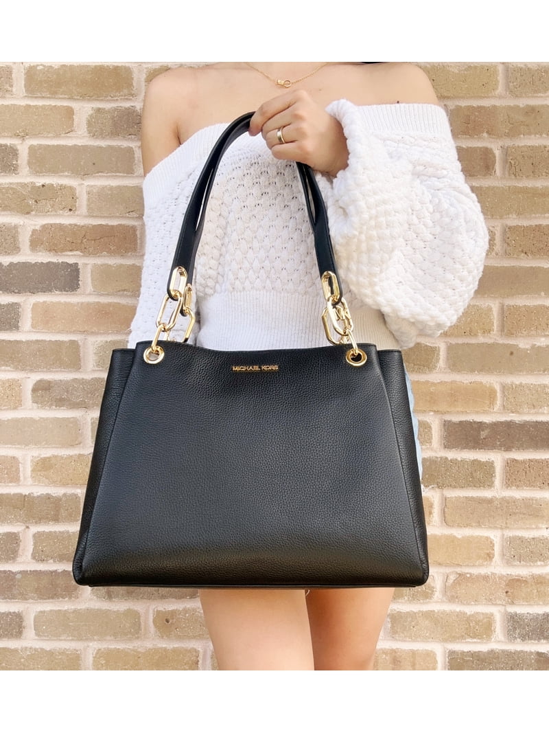 Michael Kors Black Pebbled Leather Trisha Large Tote with Triple