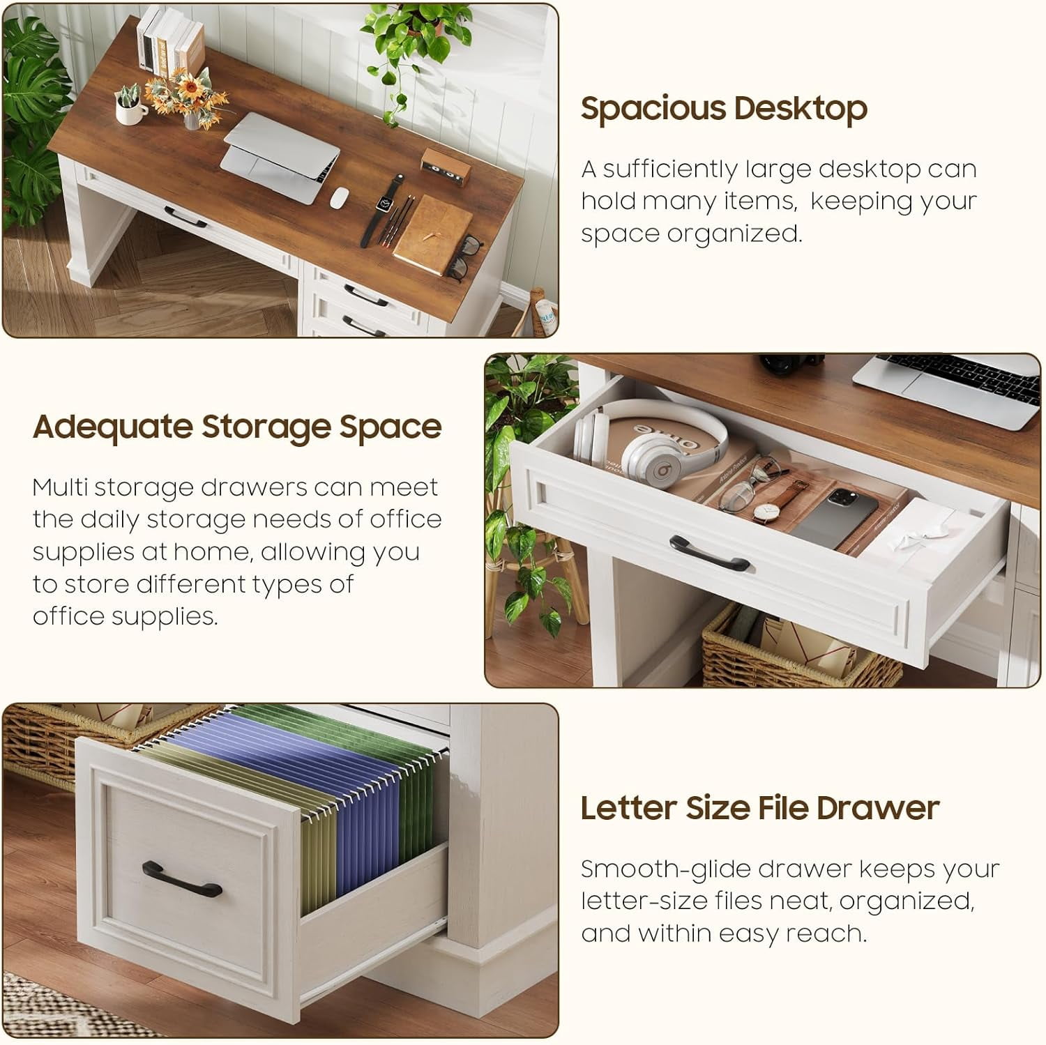 Farmhouse 47" Executive Desk with File Drawer, Computer Desk with 4 Drawers, Workstation for Study, Home Office, Writing, Unique White.