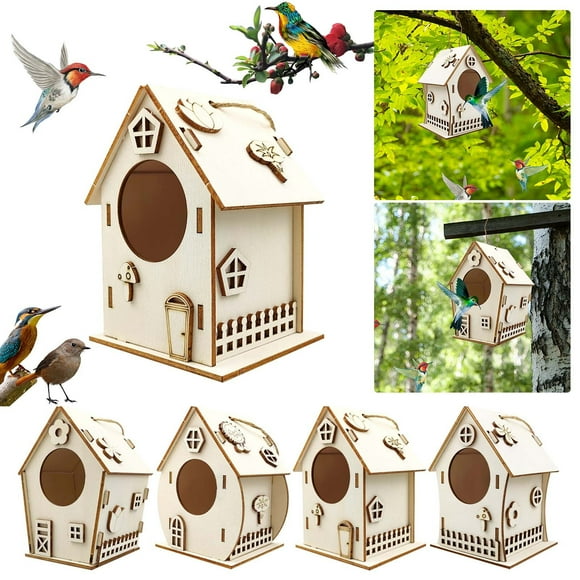 Xihbxyly Casita de Madera para Pájaros, Diseño para Armar, Hogar Acogedor para Pájaros, con Cuerda para Colgar, Decoración para Jardín Al Aire Libre, Aspecto Único y Llamativo, Tamaño 8 X 6,5 X 12 Cm