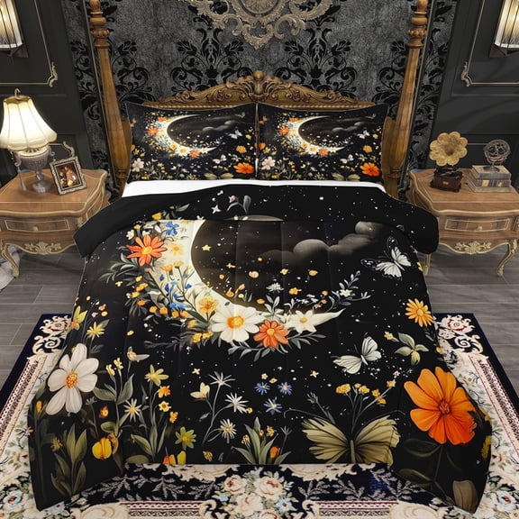 Homewish Chic Flowers 2pcs Bedding Comforter Set For Teens Boys Girls,Floral Butterflies Twin Comforter Sets,Starry Sky Moon Breathable Bedding Set,Luxury Bedroom Decor,Reversible