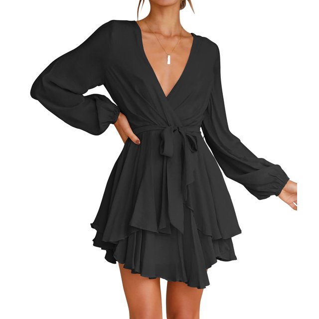 Vestido cruzado con escote en V y mangas largas para mujer, 2023, dobladillo con volantes y lazo en la cintura, vestido mini para cóctel, boda, fiesta