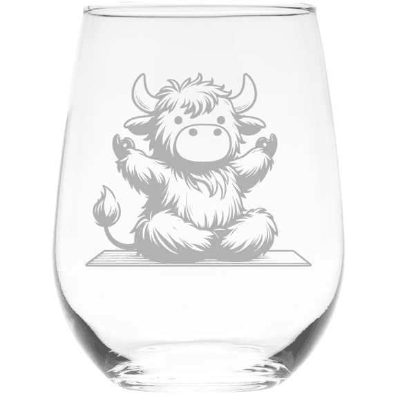 C&M Personal Gifts 17 oz Highland Cow Yoga Stemless Wine Glass
