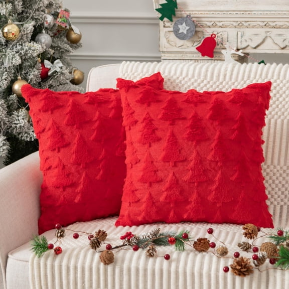 YCLife Christmas Tree Throw Pillows for Couch 18x18 inch Soft Plush Corduroy Square Pillow for Sofa, Xmas Decorative Pillows for Living Room Bedroom, Throw Pillows Under 5$, 1Pack, Red