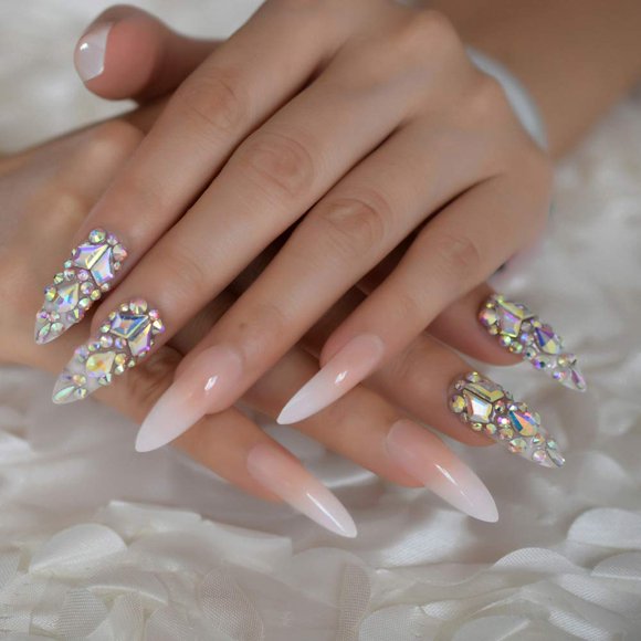 Uñas postizas de lujo, diseñador Extra largo degradado, joyería francesa, uñas prediseñadas, Stiletto Natural, piedras AB, puntas de decoración