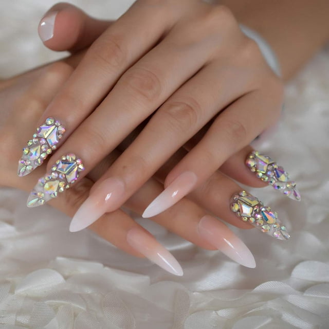 Uñas postizas de lujo, diseñador Extra largo degradado, joyería francesa, uñas prediseñadas, Stiletto Natural, piedras AB, puntas de decoración