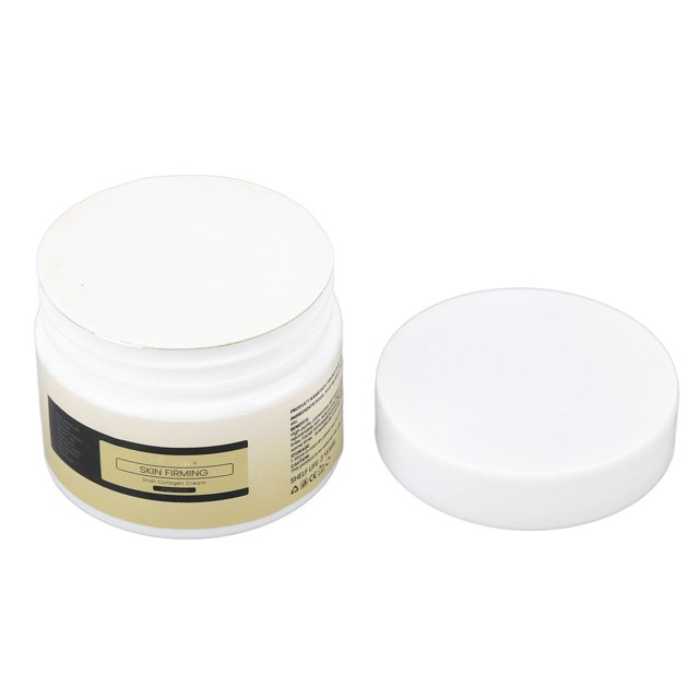 crema facial antiarrugas, crema lifting de colágeno de caracol confiable, eficaz y duradera para la belleza facial Producto de importación tarro plástico blanco abierto de aprox. 100 g con tapa retirada, etiqueta beige en el costado y sello interior visible; indicada como crema reafirmante que contiene mucina de caracol, y que suele emplearse en rutinas nocturnas de cuidado facial.