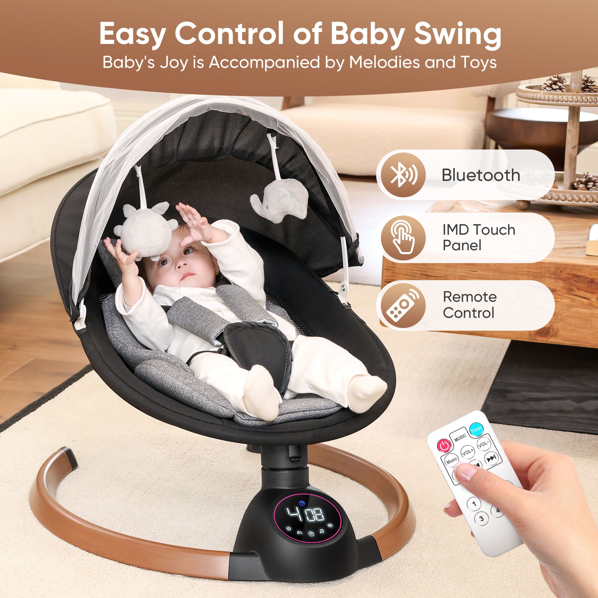 Babyeap Baby Swing with Bluetooth Remote Control, Gray photo 4