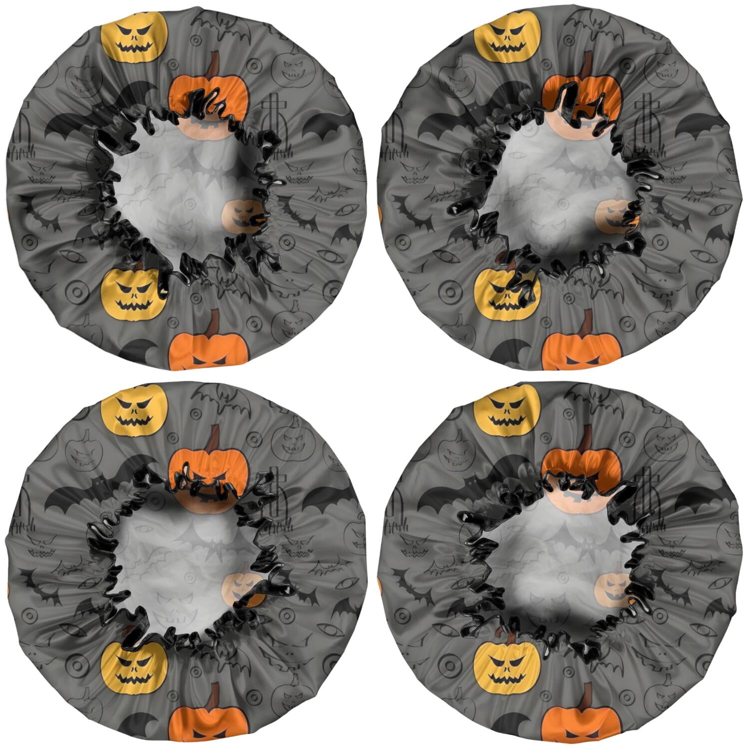 Shower Caps,Gray Halloween Pumpkins Bats and Faces Waterproof Shower Cap for Women 4 Pieces,Double Reusable Hair Cover for Shower PEVA Elastic Stretch Hem