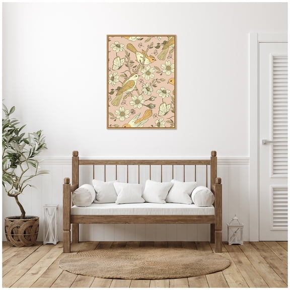Kate and Laurel Framed Canvas Wall Art Print Sparrows by Laura Moss, 28 x 38 Sylvie Natural Frame, Whimsical, Animal Art for Wall Decor