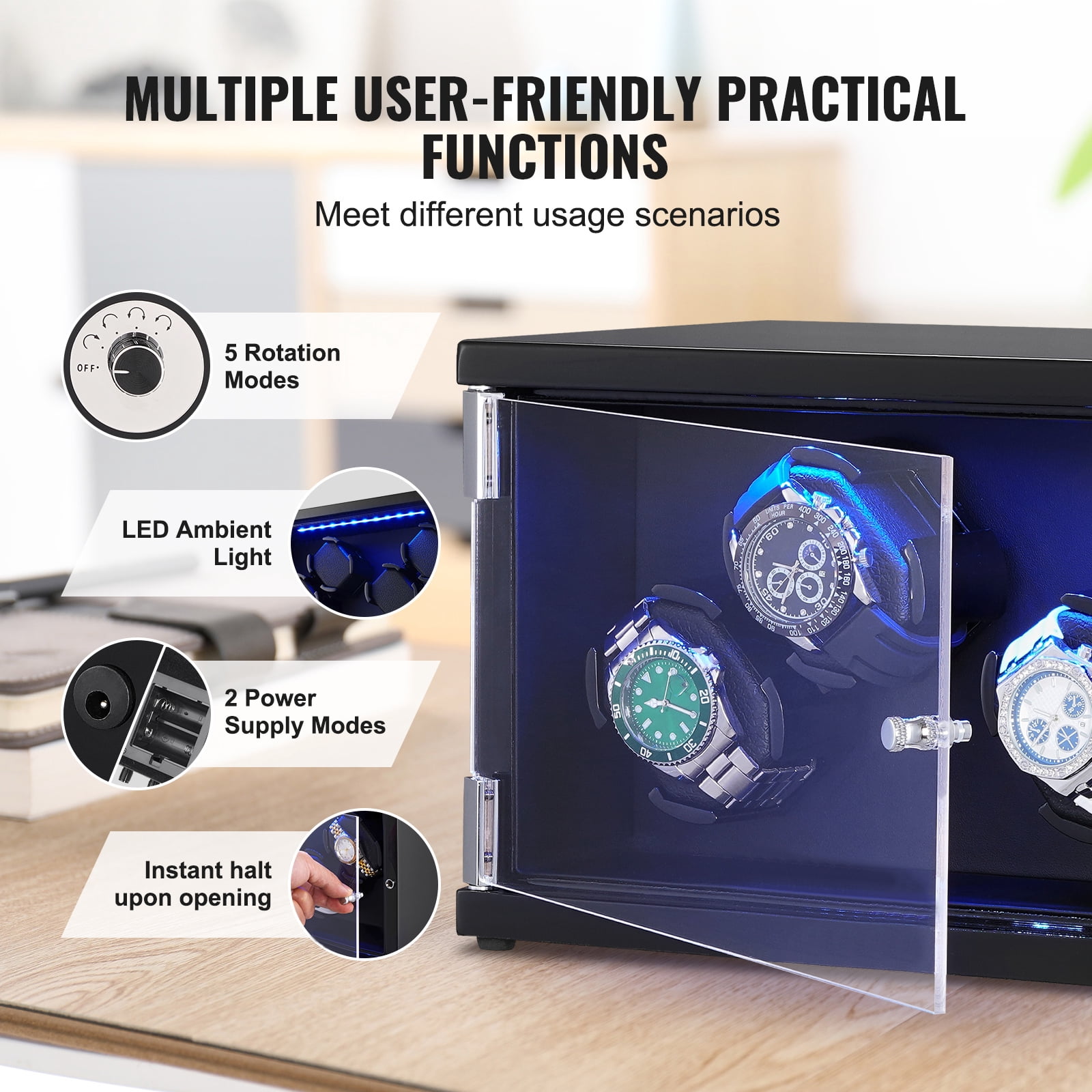 KFFKFF Watch Winder for 4 Automatic Watches with 2 Quiet Japanese Mabuchi Motors