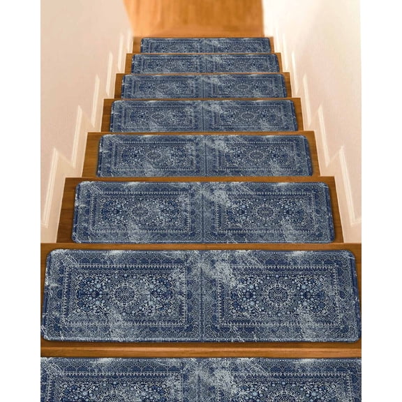 Boho Blue Stair Treads for Wooden Steps Indoor Runner Rug Carpet, Vintage Ethnic Modern Geometric Abstract 7 Pieces Peel and Stick Staircase Step Treads Covers Washable Throw Door Mats, 30"x8"