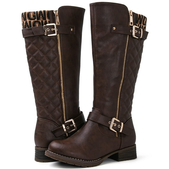 GLOBALWIN Women's Brown/Print Quilted Knee-High Fall Winter Fashion Riding Boots 11M