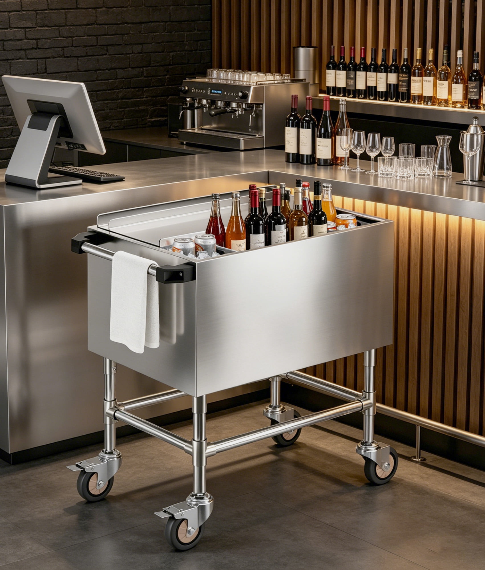 Esheno 80 Quart Rolling Ice Chest Cooler Cart Stainless Steel Insulated Outdoor Beverage Cooler with Cup Holders Wheels Sliding Lid Drain for Backyard Pool Party BBQ