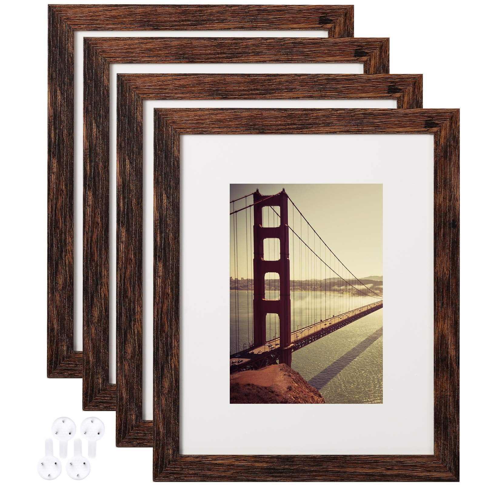 8x10 Picture Frame Rustic Brown Wood Pattern Set of 4 with Tempered