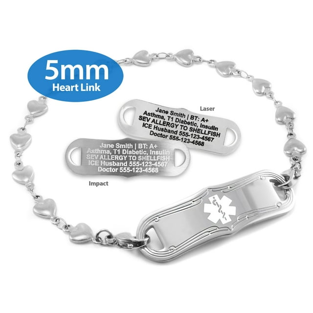 MedicEngraved® 5mm Heart Link Bracelet in 316L Stainless Steel with Interchangeable Medical ID Tag - Engraving Included