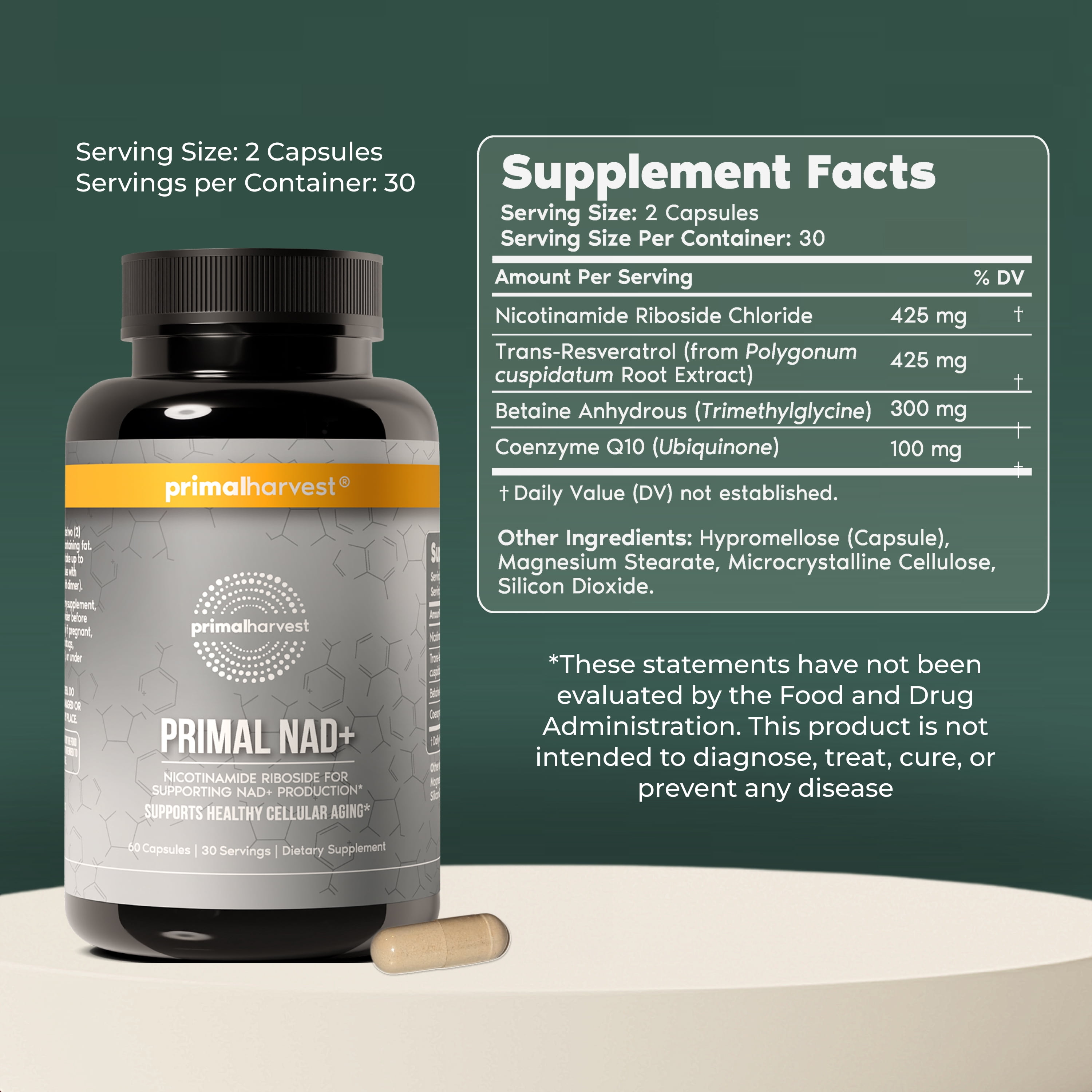 Primal Harvest NAD+ Supplement Nicotinamide Riboside, Trans-Resveratrol, Betaine, CoQ10, Energy Support, 60 Count, 1 Pack