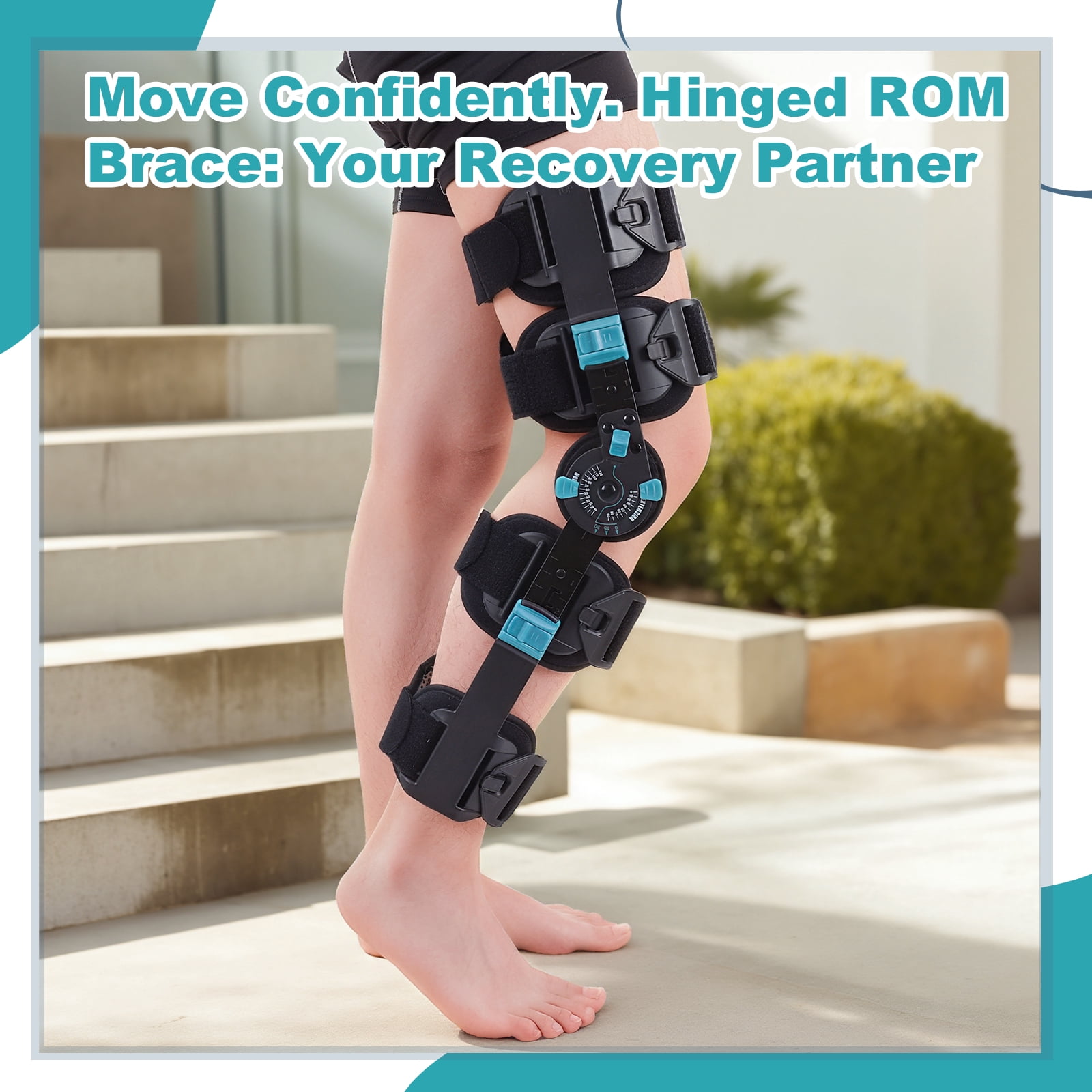 Hinged ROM Knee Brace with Shoulder Strap Post Op Knee Immobilizer Adjustable Knee Support with Side Stabilizers Medical Knee Orthopedic Support for Men and Women, Left or Right Leg