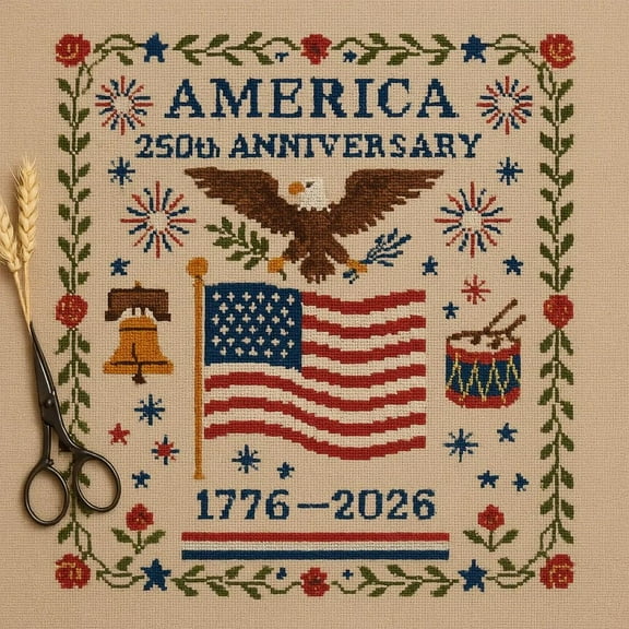 AMERICA 250th ANNTVERSARY DIY American Anniversary Cross Embroidery Kit,  Patriotic Cross Stitch Pattern,Include Instruction,Needles, 25 × 25 cm