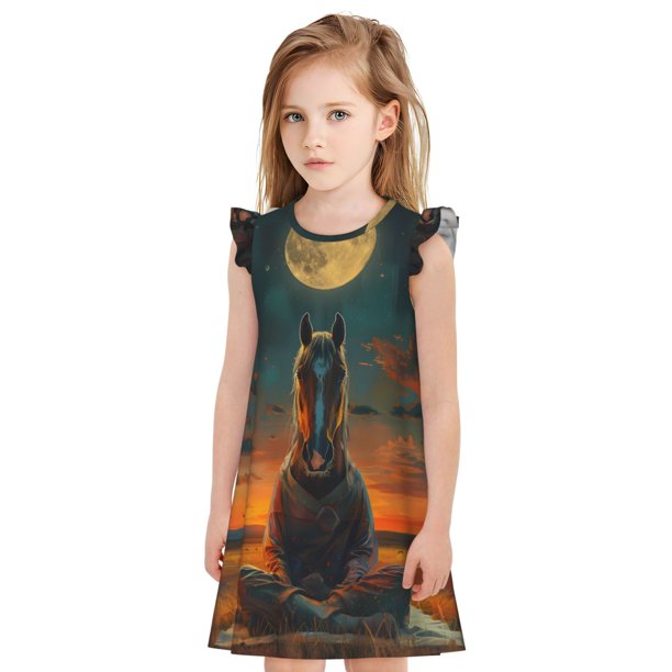 Balery Sunset Prairie Meditating Horse Camisón de princesa para niñas, pijama de algodón con mangas abullonadas, suave y bonito.-X-Large