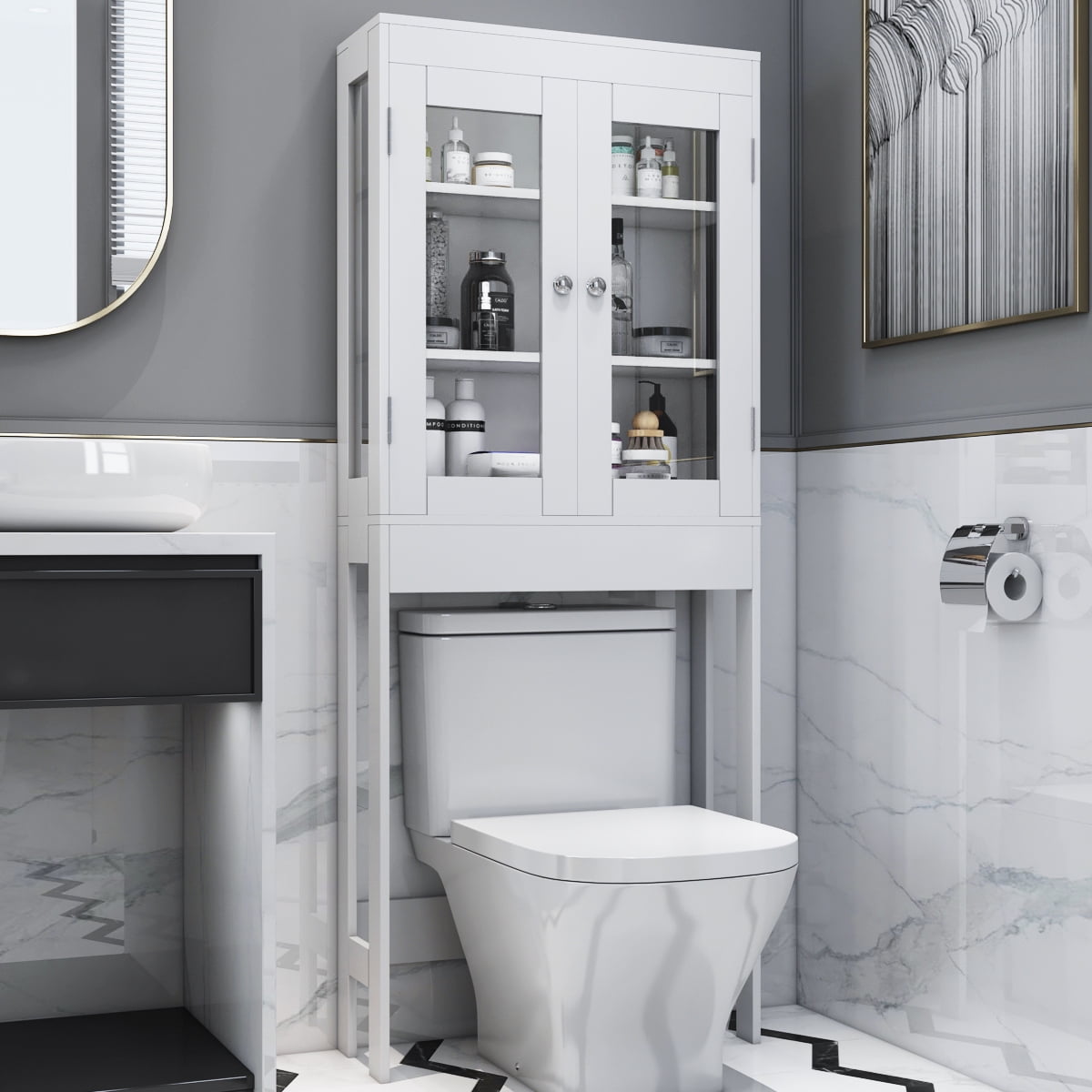 Details about   Over The Toilet Bathroom Storage Spacesaver With 2 Door Cabinet And Glass Window 