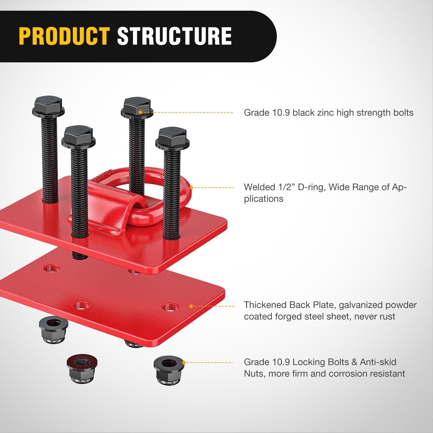 Nilight 2Pcs 1/2" D Rings for Trailers Heavy Duty Trailer Tie Down Rings, Grade 70 Forged Steel Bolt-On Grab with Back Plates for Tractor Bucket RV UTV Truck MBS 12000 lbs, Red