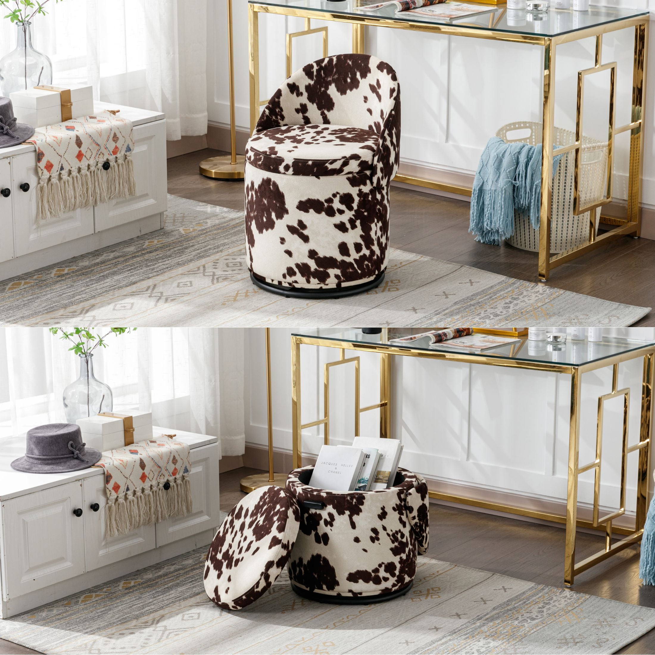 Guyou Modern Round Swivel Vanity Storage Stool, Velvet Upholstered Ottoman with Foldable Backrest and Removable Lid, 360° Swivel Barrel Club Chair, Comfy Makeup Stool for Bedroom Living Room, Cow