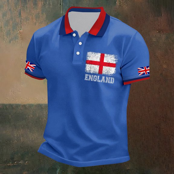 EliteGoogv Men Polo Shirt UK Flag Print Button Down Short Sleeve Casual Top For Men Festive Celebration Shirt Blue 5XL