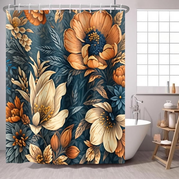 Boho Flower Shower Curtain Vintage Flower Leaf Fabric Shower Curtains Elegant Colorful Chic Orange Shower Curtain Bathroom Accessories 72x72 Inches