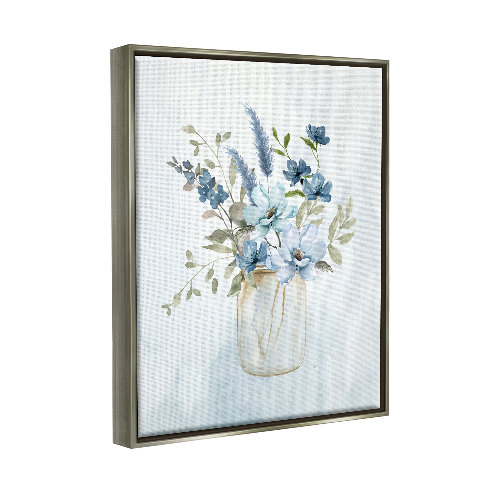 Stupell Industries Floral Blue Bouquet Botanical & Floral Painting Gray Floater Framed Canvas Art Print Wall Art, 17 x 21