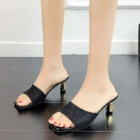 

Womens Open Toe Sandals non Slip- Open Toe Square Toe Middle Heel Lace Dressy Casual Sandals Black Size 4.5