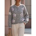 thumbnail image 4 of Women 3D Floral Applique Pearl Button Scalloped Trim Crew Neck Knit Cardigan Gray L, 4 of 9