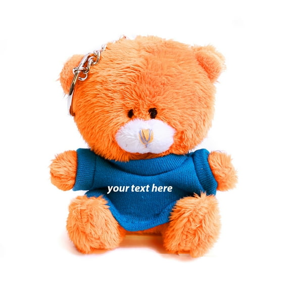 Plushland Orange Qbeba Bear Keychain 4 Inches Personalized Gift - Custom Text on T-Shirt - Great Present for All Ages