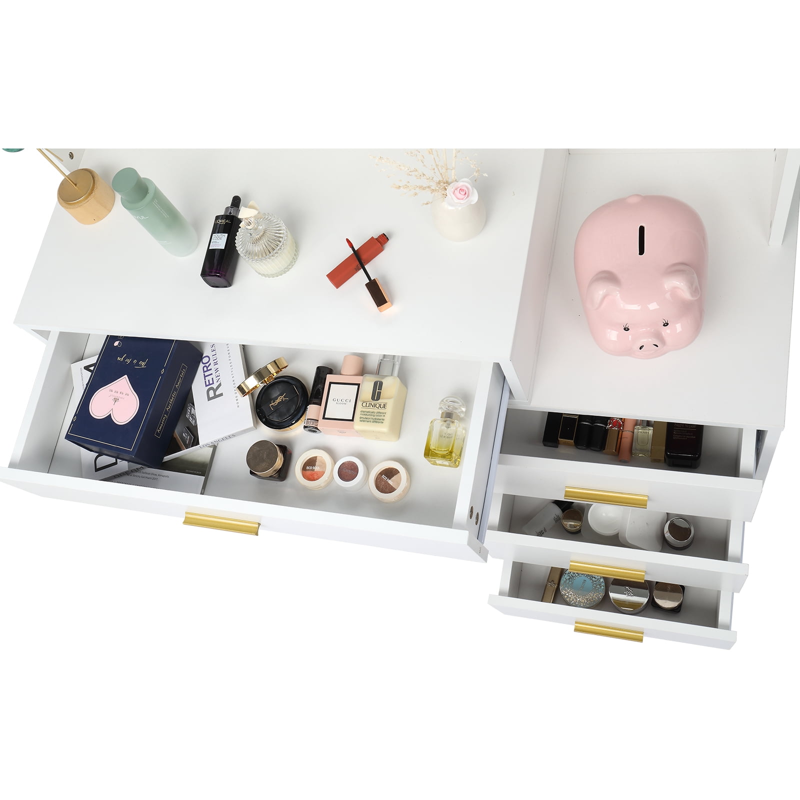 Large Vanity Set with 9 LED Bulbs, Makeup Table with Cushioned Stool, 3 Storage Shelves 4 Drawers, Dressing Table Dresser Desk for Women, Girls, Bedroom, White