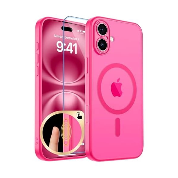 can Magnetic for iPhone 16 Plus Case, Upgraded [Camera Control Button] [Full Camera Protection] [with 1 Screen Protector] Translucent Matte Shockproof Protective Phone Cover, Rose Pink