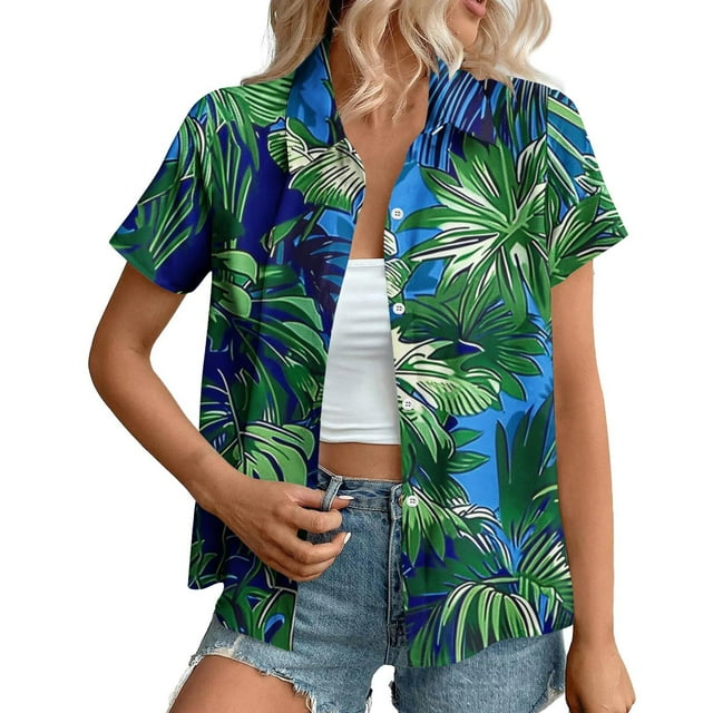 Top de Impresión Hawaiana de las Señoras, Moda de Manga Corta Solapa Casual Botón Blusa para las Vacaciones Y el Uso Diario, Camiseta Elástica de Verano