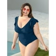thumbnail image 2 of TIYOMI Plus Size 5X One Piece Swimsuit For Women Blue Swimwear Ruffled Deep V Neck Suits Tummy Control Bathing Suits 5XL 26W 28W, 2 of 6