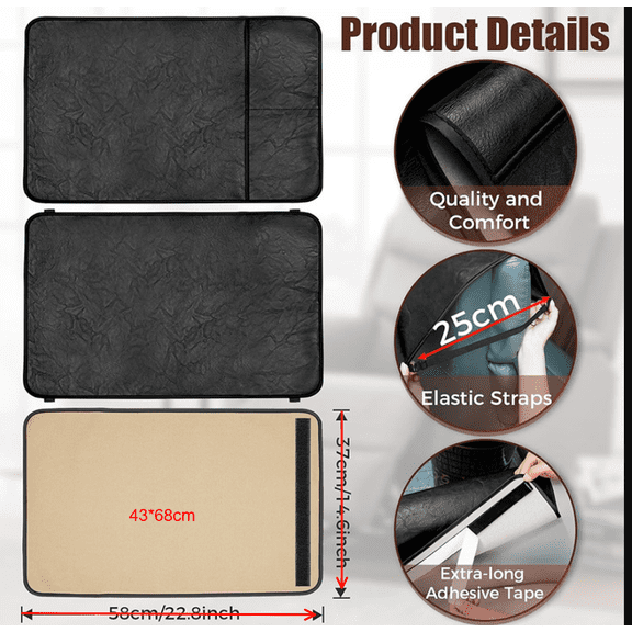Black Faux Leather Recliner Headrest Cover, 16.9 x 26.8 in / 43 x 68 cm Sofa Armrest Cover 3-Piece Set with Elastic Straps & Long Adhesive Tape, Furniture Protector with Side Pocket