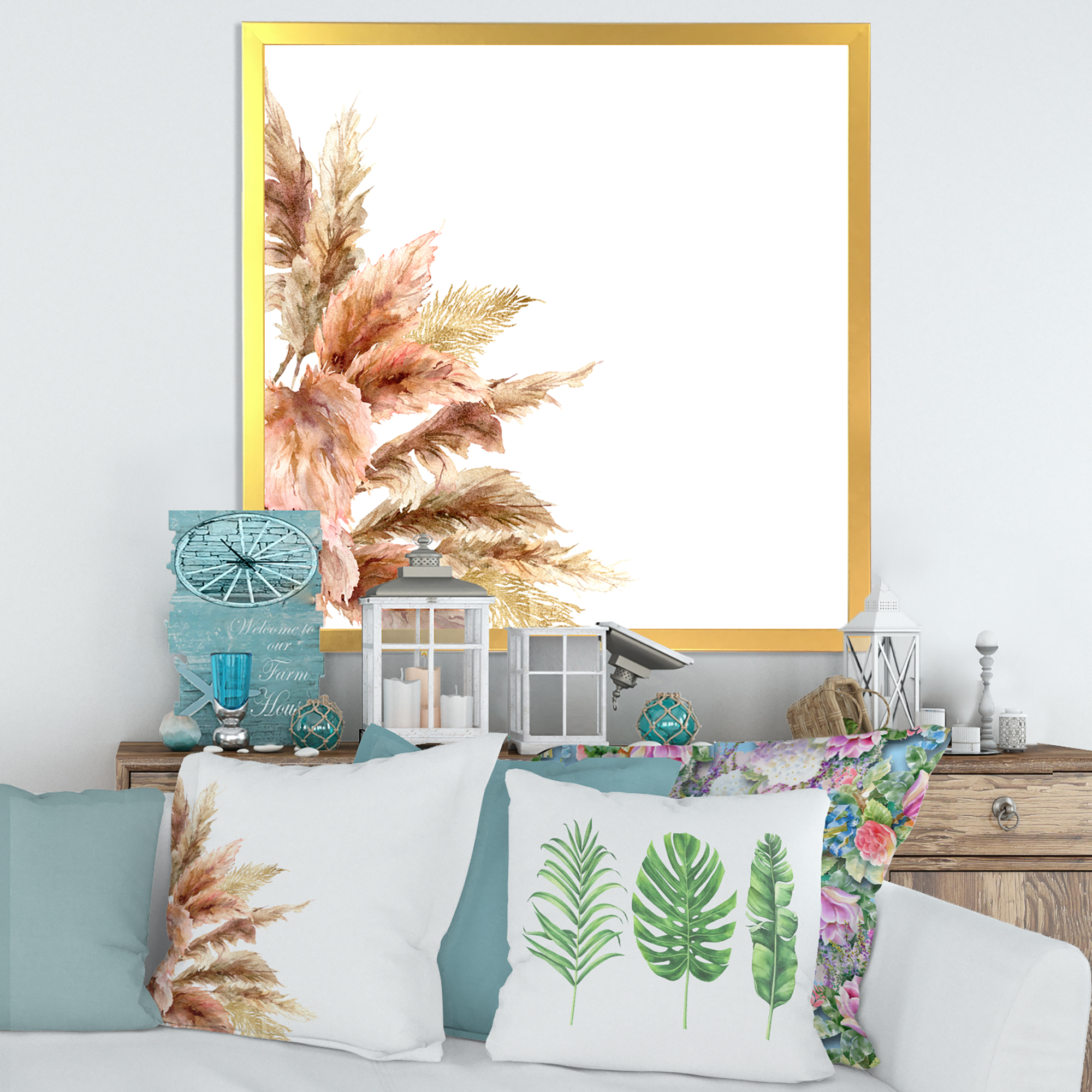 Designart 'Exotic Dry Pampas Grass On White Background' Traditional Framed Art Print