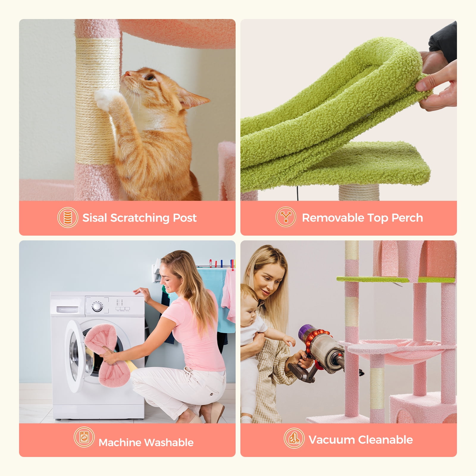 PEQULTI 69" Multi-Level Cat Tree Cat Tower for Indoor Pet with 5 Scratching Post & Hammock Pink