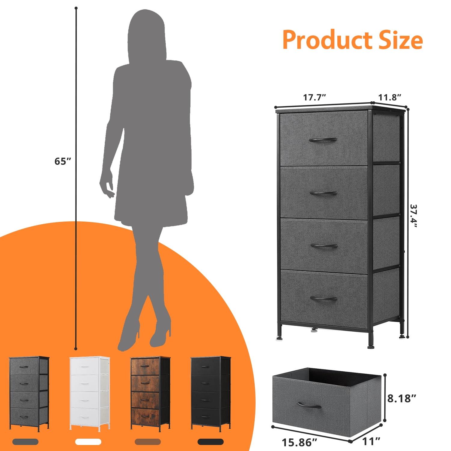 Modern 4 Drawer Fabric Dresser, Chest of Drawer Organizer Storage Cabinet for Bedroom Clothes Closet, Entryway,Gray