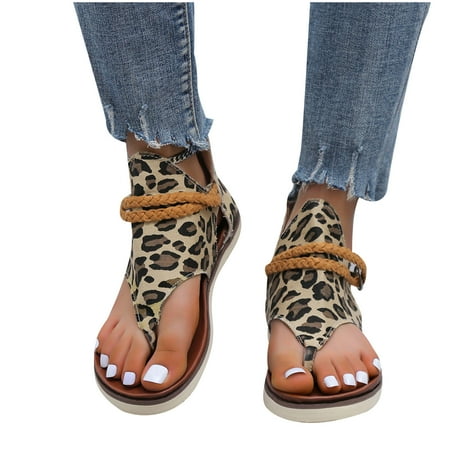 

Summer Flats Roman Braid Back Zip Casual Leopard Solid Color Ladies Sandals