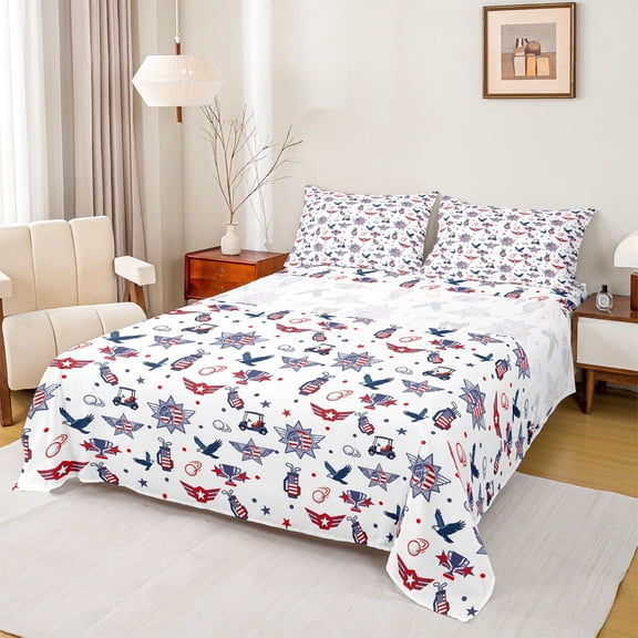 jejeloiu American Flag Eagle Twin Sheet Set (3-Piece) Golf Ball Red Blue Microfiber Decor